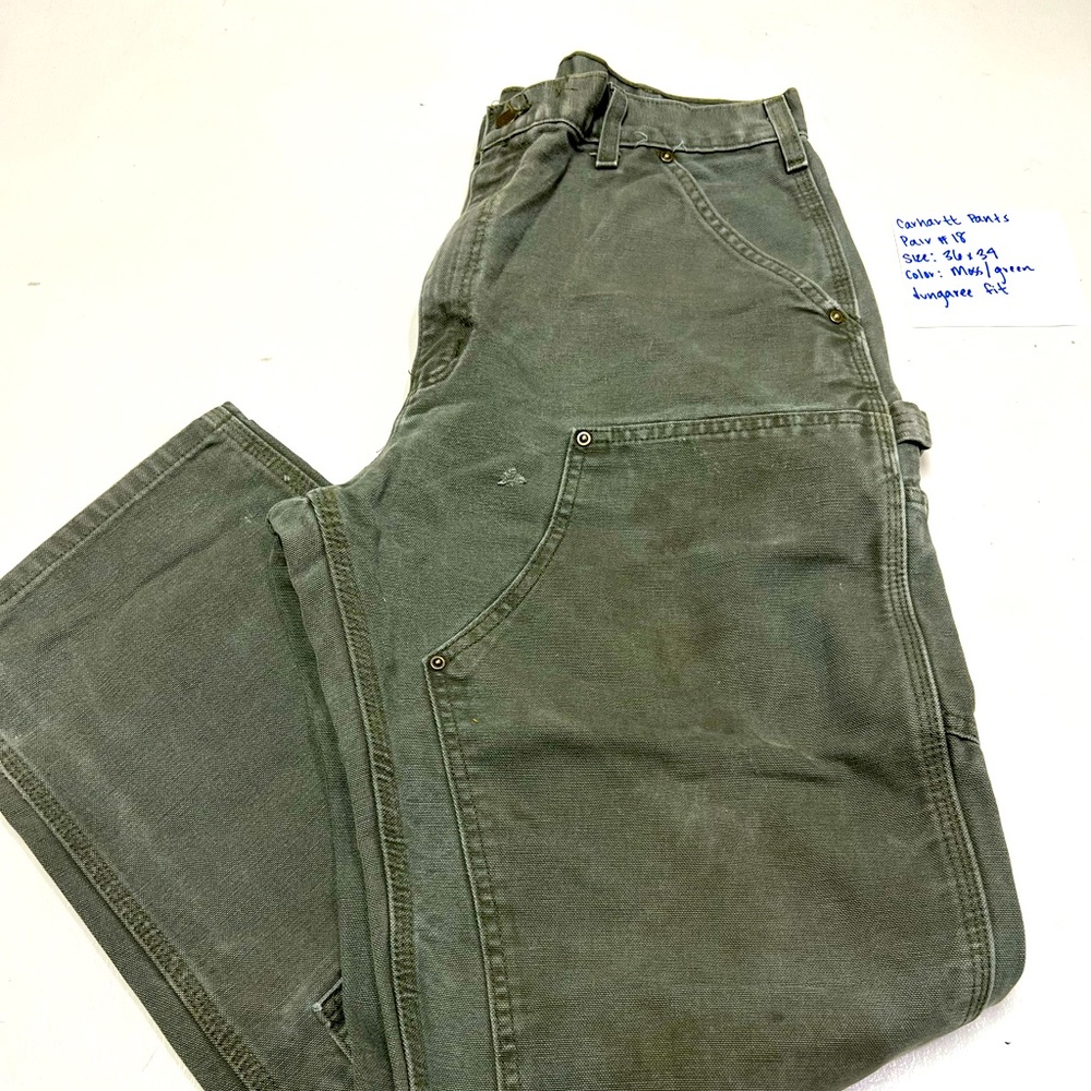 Carhartt Men's Moss Green Duck Double Front Work Pants Dungaree Fit - Size 36x34